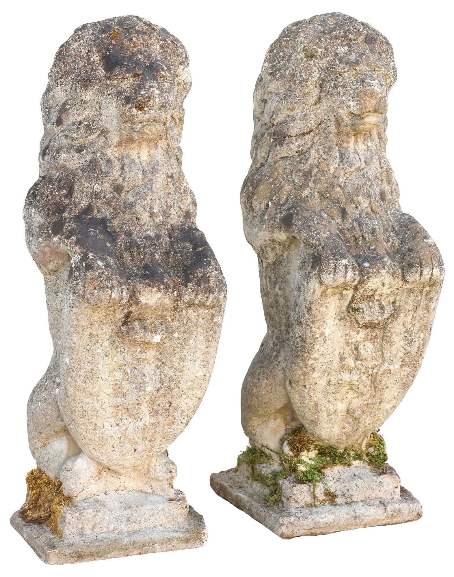 (2) CAST STONE GARDEN STATUARIES HERALDIC LIONS: (pair) Cast stone garden sculptures, Standing Lions, each gripping a heraldic shield at the chest, atop stepped square base, (one) with large chipped loss to base, approx 29"h, 10"w, 9.5&quo