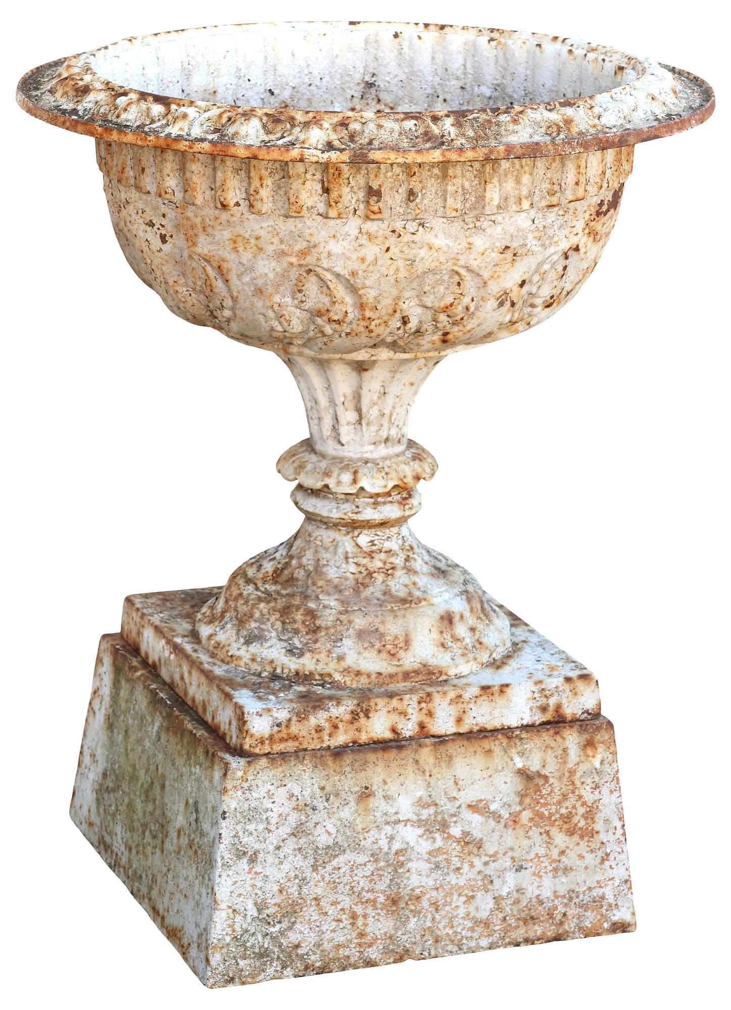 PAINTED CAST IRON PEDESTAL GARDEN URN, 25.5"H: Cast iron garden urn or planter/ jardiniere, having flared rim and fluted basin with scrollwork, on integral socle, further rising on squared platform base, in a worn painted finish, approx 25.5"