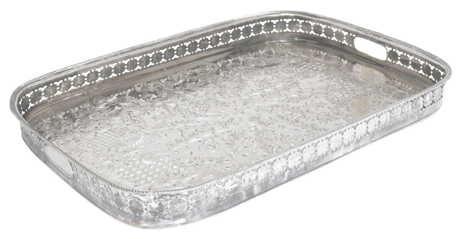 LARGE PERSIAN CHASED SILVERPLATE SERVING TRAY, 20" X 14" (1 of 7)