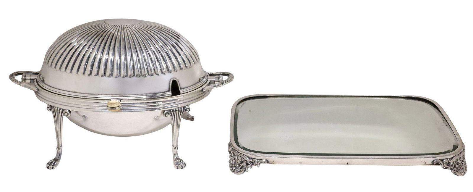 (2) SILVERPLATE DOMED SERVER & MIRRORED TABLE PLATEAU, 1 SHEFFIELD: (lot of 2) Silverplate table articles, varied styles and origin, including: (1) roll-top serving dish, Daniel George Collins, Sheffield, retailed by Harrod's, London, hinged lid enclosing pierced 