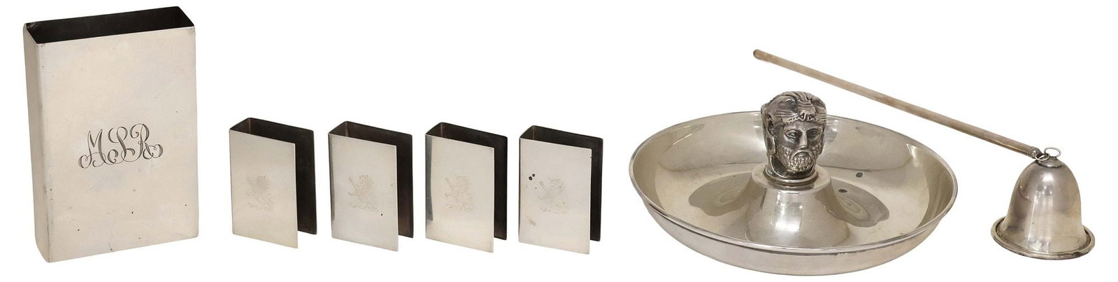 (7) STERLING SILVER FIGURAL RING DISH, MATCH BOXES, & CANDLE SNUFFER (1 of 5)