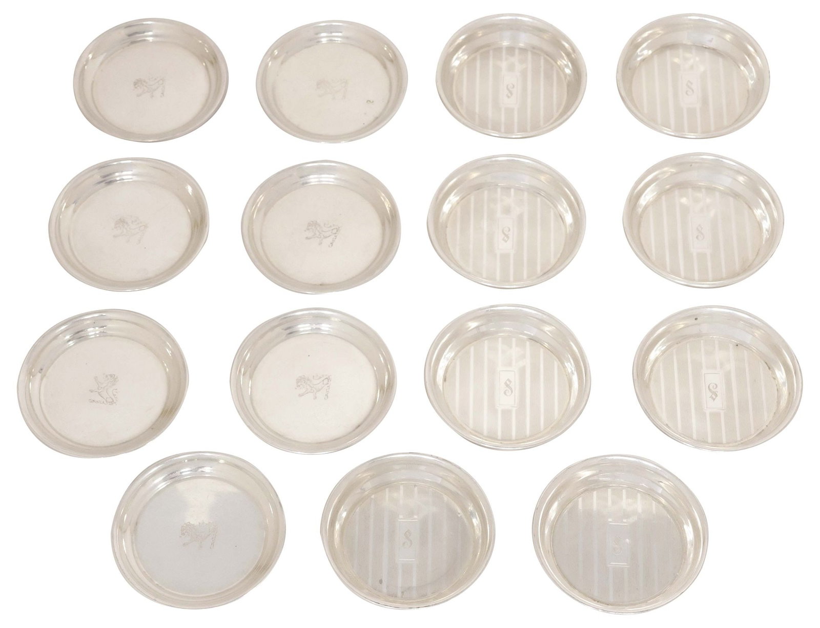 (15) AMERICAN STERLING SILVER BUTTER PATS: (lot of 15) American sterling silver butter pats/ trinket dishes, including: (8) Webster, having engine turned linear patten, central S monogram, makers mark's mostly obliterated, approx 2.5"diam; (7)