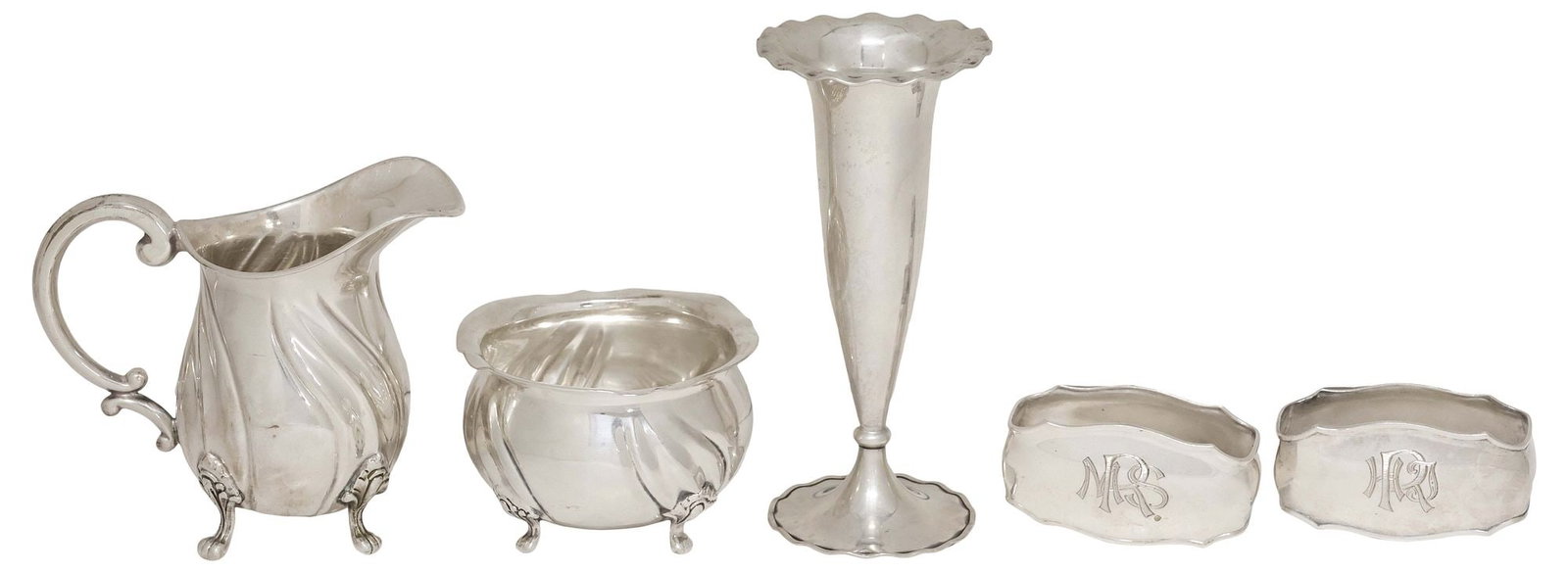 (5) GERMAN .830 & .800 SILVER TABLEWARE, TEA ARTICLES, NAPKIN RINGS & VASE: (lot of 5) German silver tableware, each with crescent moon and crown mark, including: (pair) .830 silver napkin rings, Gottleib Kurz, Schwabisch Gmund, triple monogram MRS, approx 2 3/8"l, 1.25"w, 1 