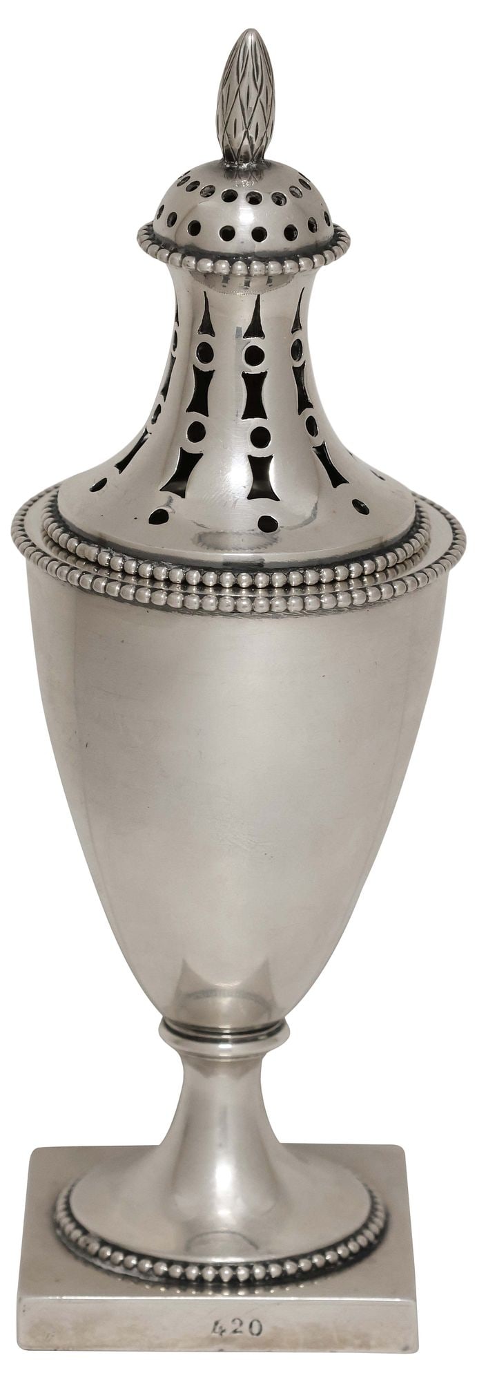 CONTINENTAL .833 SILVER VASIFORM SUGAR CASTER, LIKELY HANAU: Continental .833 silver sugar caster, likely Hanau, having pierced cover with beaded trim, over vasiform body, with crown and crescent moon hallmark, VK beside crescent maker's mark, date letter capit
