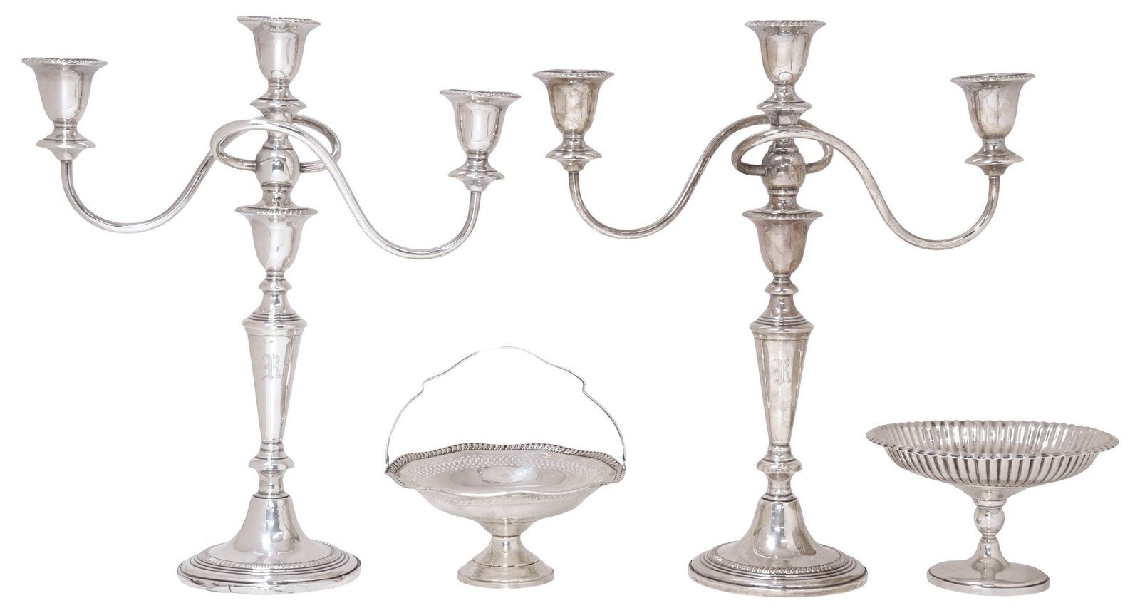 (4) AMERICAN WEIGHTED STERLING SILVER CANDELABRA & FOOTED COMPOTES: (lot of 4) American weighted sterling silver tableware, including: (pair) three-light candelabra, M. Fred Hirsch Company, convertible to candlesticks, with gadrooned bobeches and tapering standard, on