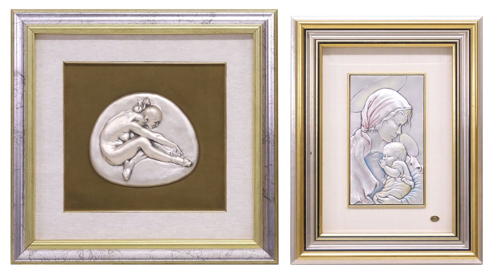 (2) ITALIAN BAS RELIEF PLAQUES, ACCA STERLING MADONNA & MESSINA DANCER: (lot of 2) Framed Italian bas relief plaques, including: (1) sterling silver-clad plaque, Madonna and Child, signed in cast lower right Castellani (Bruno Castellani, Italian, 20th c.) for Acca, hallma