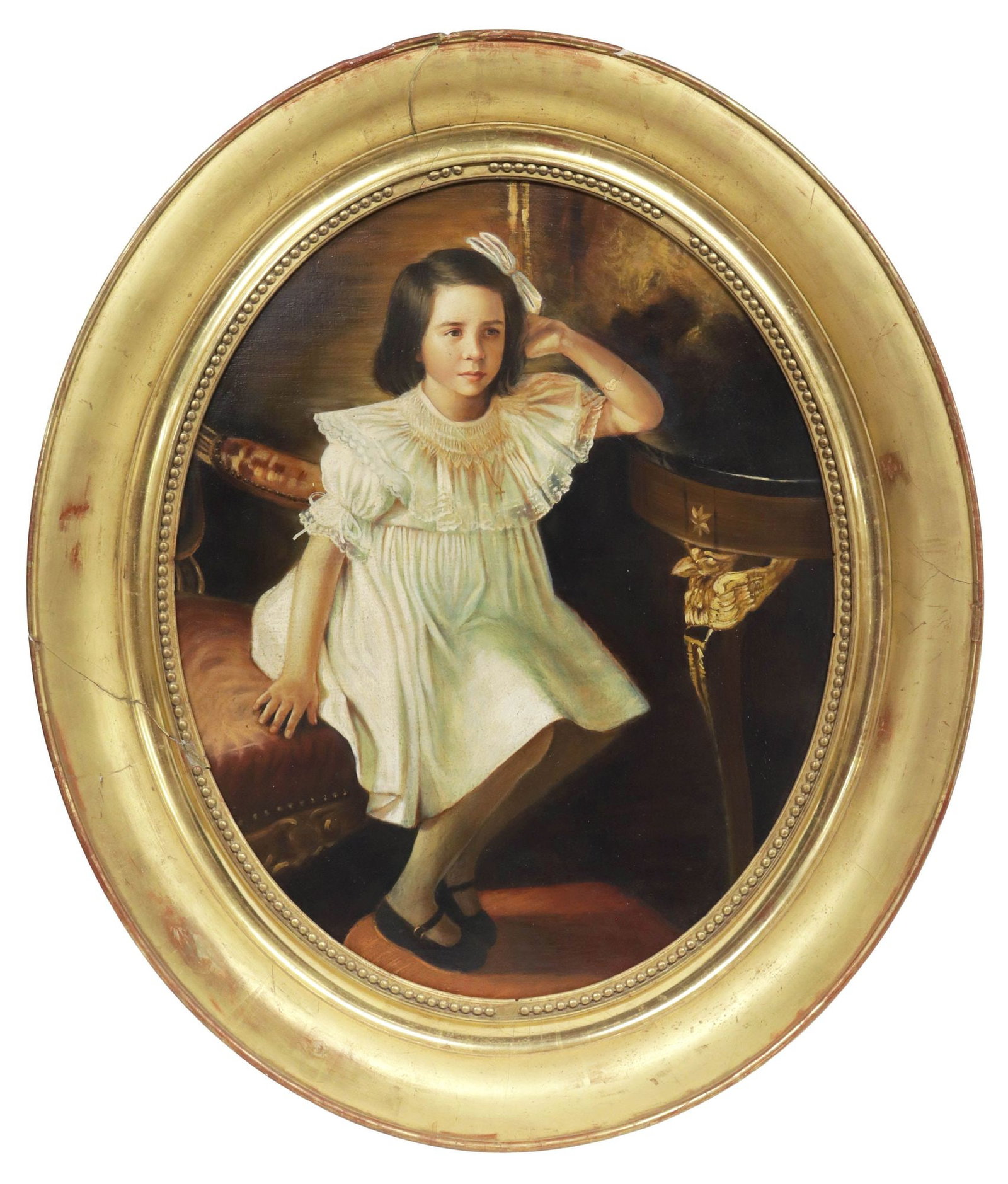 FRAMED FRENCH SCHOOL OIL PAINTING, PORTRAIT OF A YOUNG GIRL: Framed French School oil on canvas painting, Portrait of a Young Girl, apparently unsigned, housed in an ovular giltwood frame, stable splits to frame at upper edge and left side, sight: approx 31 7/8