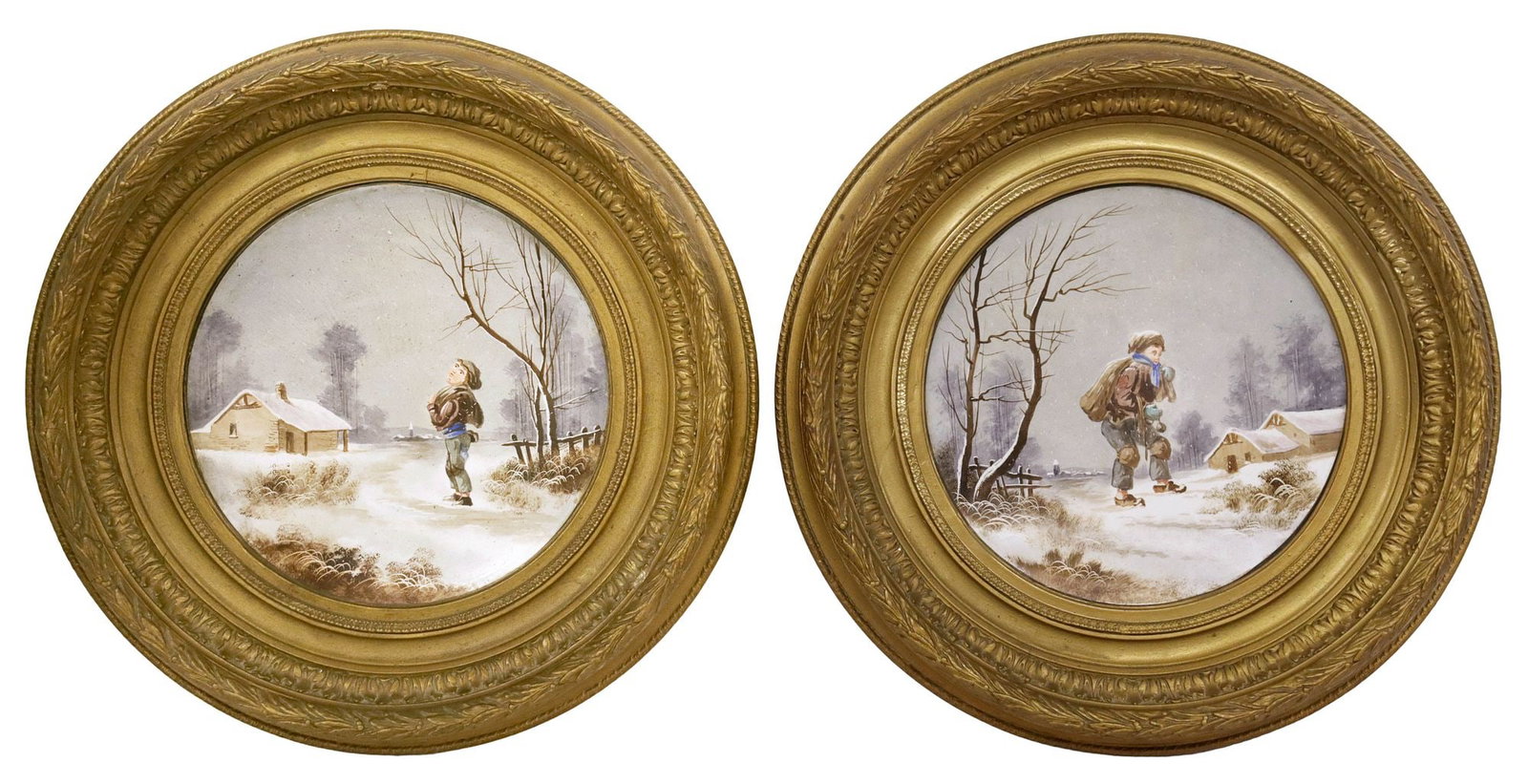 (2) CONTINENTAL PORCELAIN PLAQUES, WINTER SCENES, IN ORNATE GILTWOOD FRAMES, 22.5"DIAM: (lot of 2) Large Continental painted porcelain plaques, each with figure in a winter landscape, apparently unsigned, (one) with impressed anchor mark at reverse, each sight: approx 13.5"diam, overall: