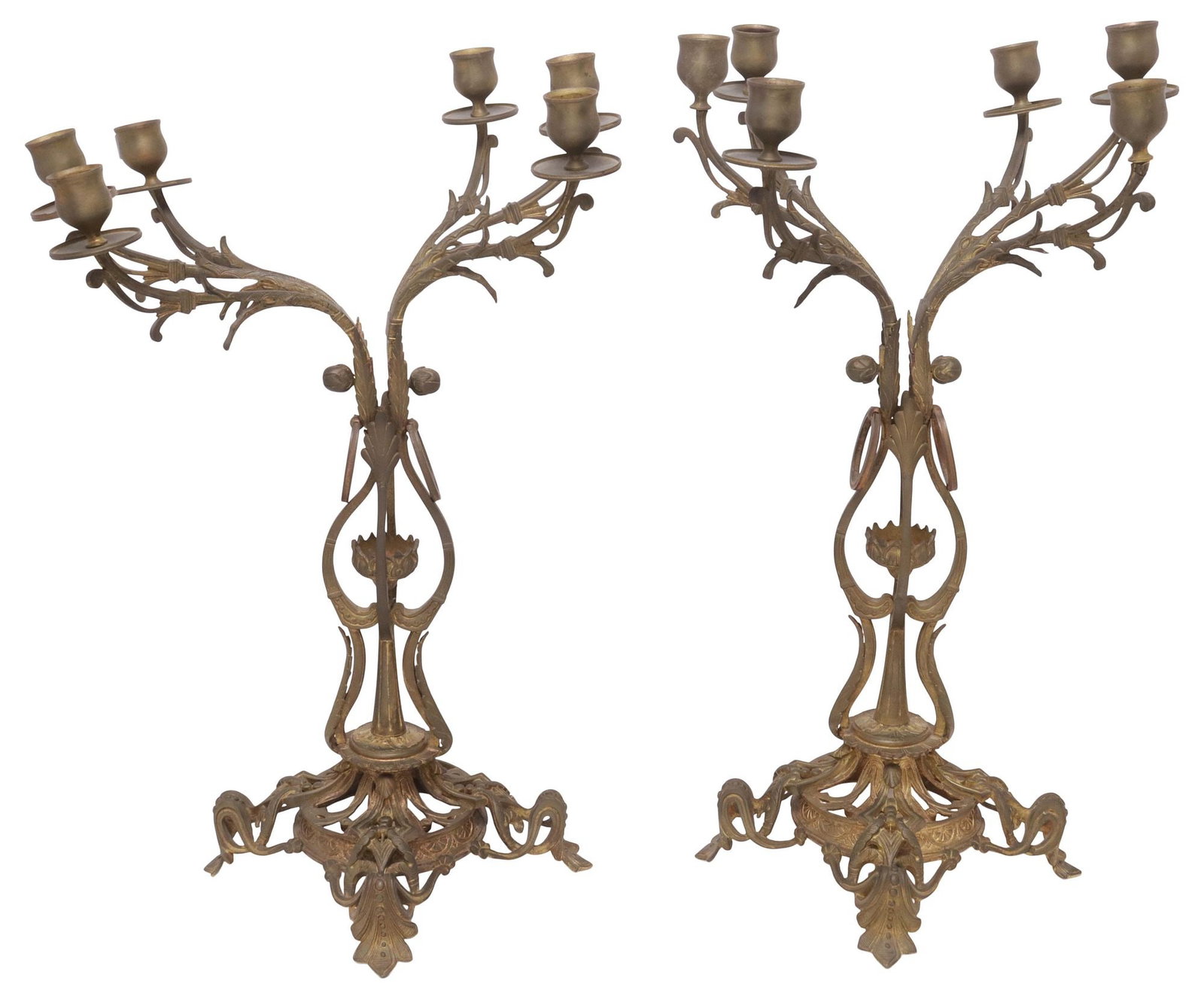 (2) LOUIS XVI STYLE PATINATED BRASS 6-LIGHT CANDELABRA: (pair) Louis XVI style patinated brass six-light candelabra, early 20th c., each having vasiform standard, issuing six scrolled arms, terminating on goblet-form bobeches, on pierced base, (one) lackin
