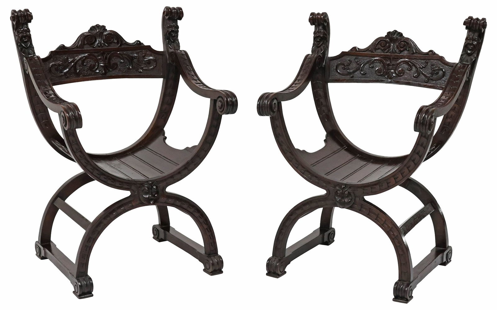 (2) ITALIAN RENAISSANCE REVIVAL CARVED WALNUT CURULE CHAIRS (1 of 4)