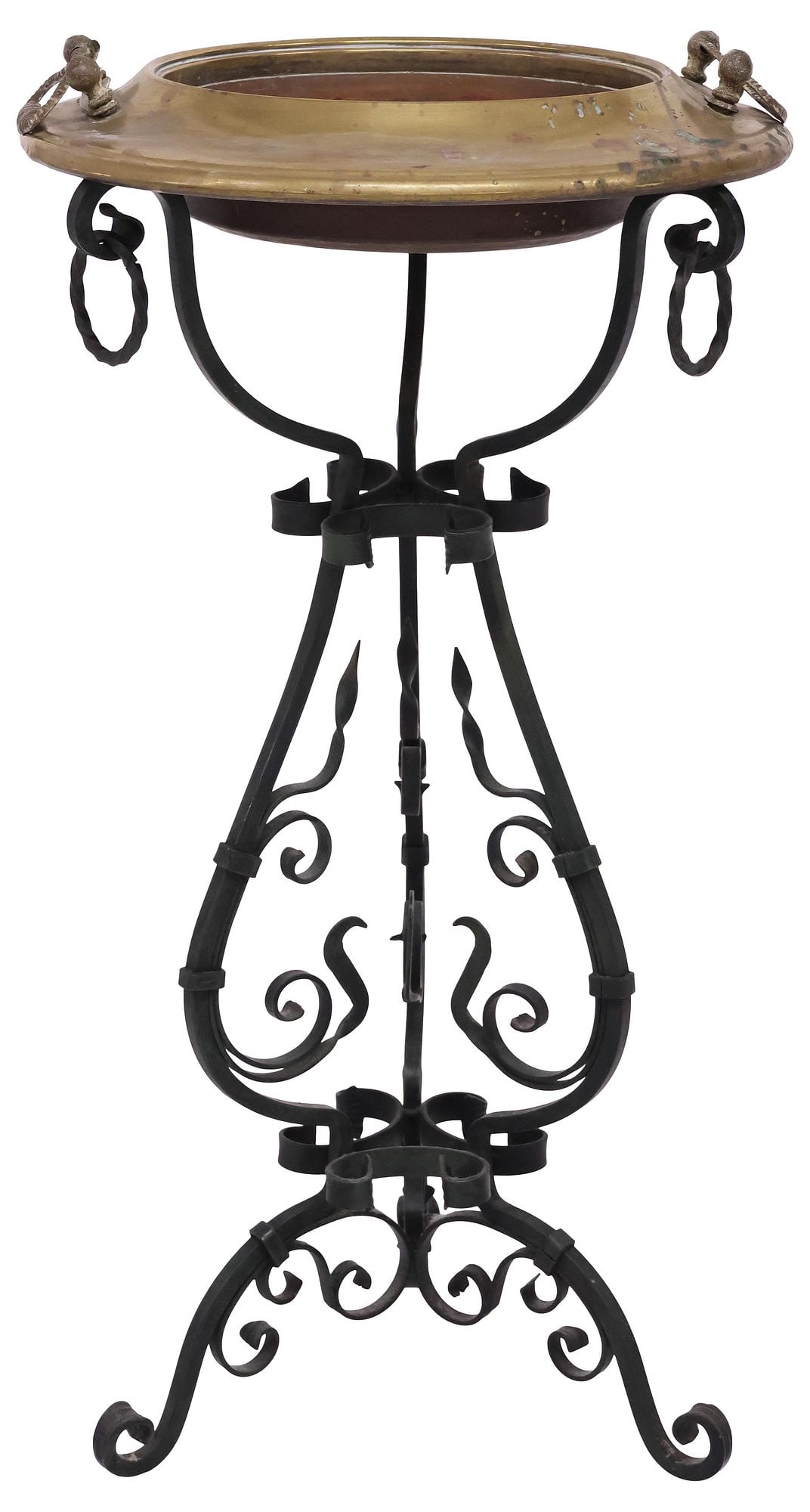 ITALIAN BRASS PLANTER ON SCROLLED WROUGHT IRON STAND (1 of 4)