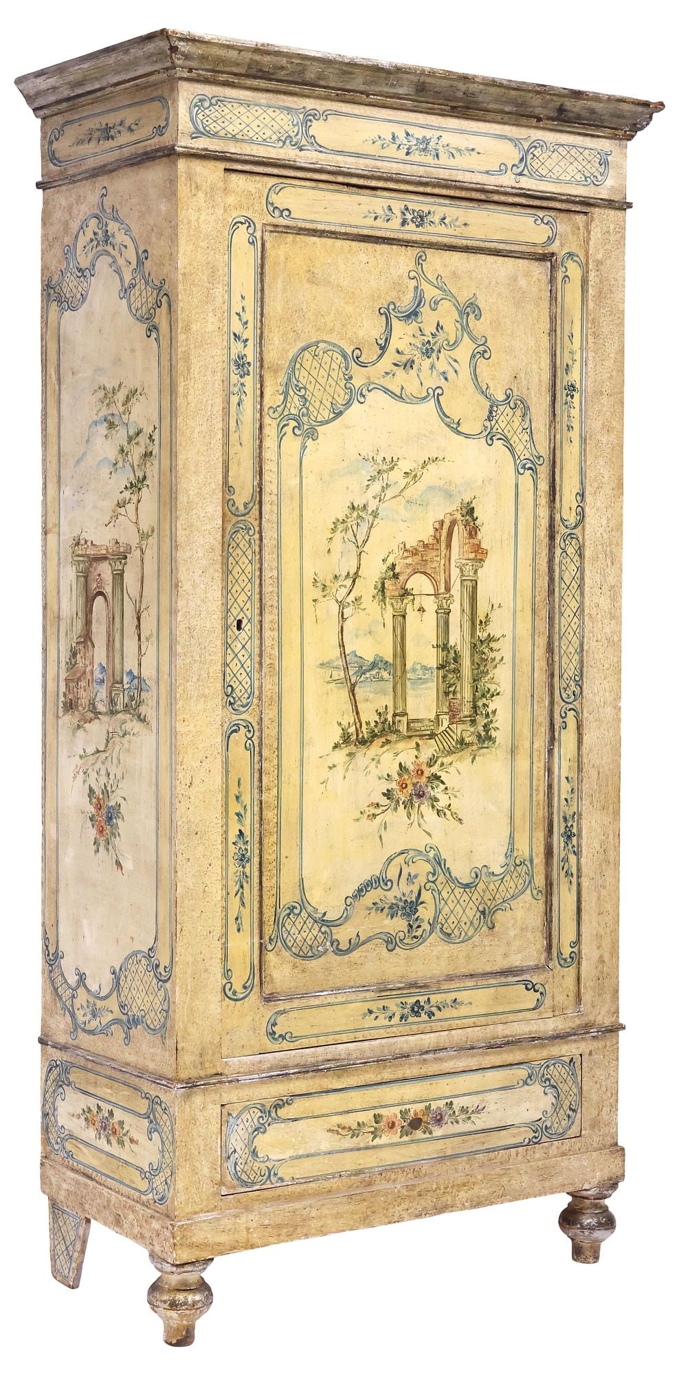 ITALIAN VENETIAN PARCEL-GILT & PAINTED SINGLE-DOOR ARMOIRE, 19TH C.: Italian Venetian paint-decorated armoire, 19th c., silver-gilt molded cornice, above rectangular case in a worn yellow-painted finish with scrolling foliate trim, and landscape scenes with ancient rui