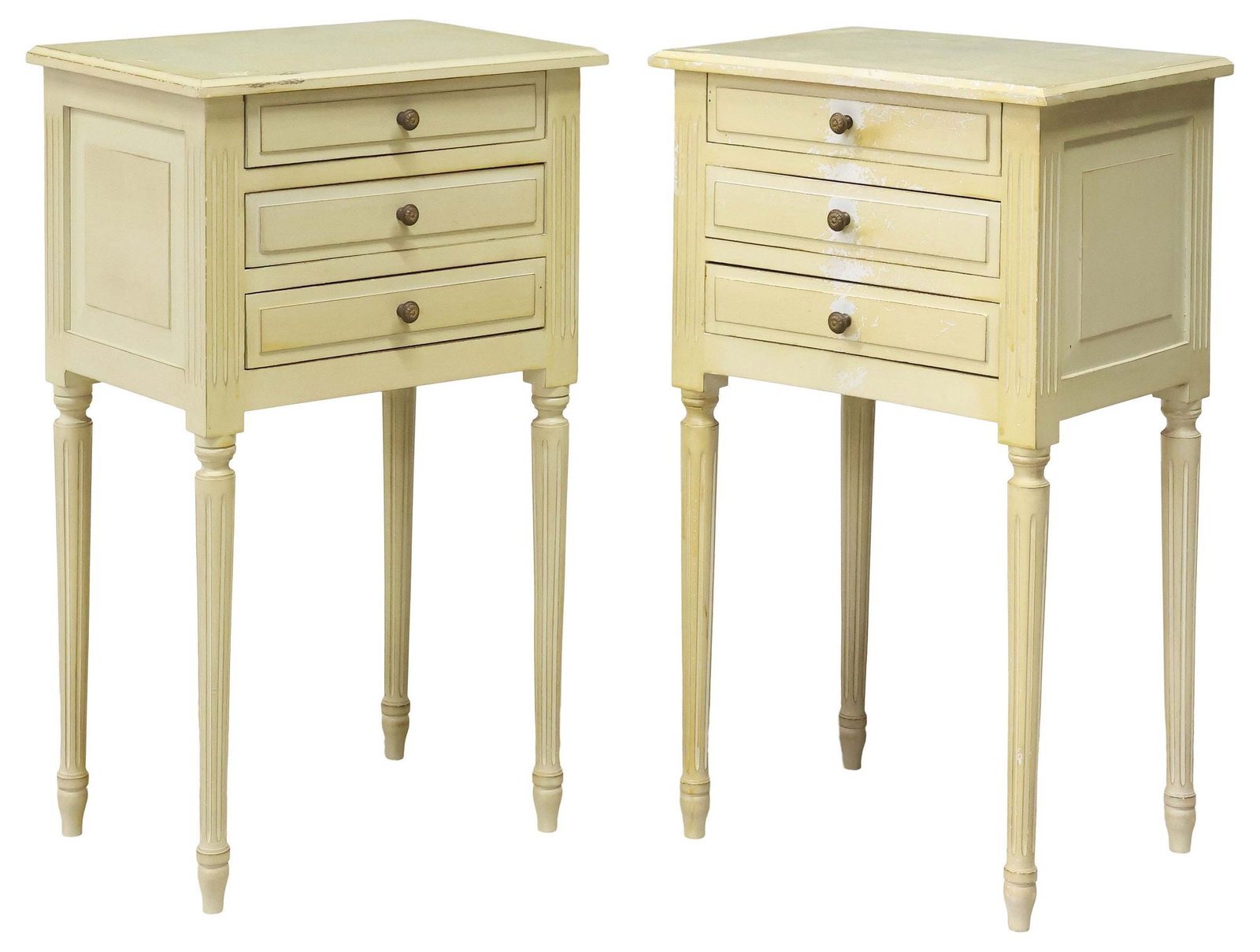 (2) FRENCH LOUIS XVI STYLE PAINTED 3-DRAWER NIGHTSTANDS: (pair) French Louis XVI style painted nightstands, 20th c., each rectangular case fitted with three drawers, flanked by fluted corner posts, on tapering legs and arrow feet, approx 27.5"h, 16.25"w, 11