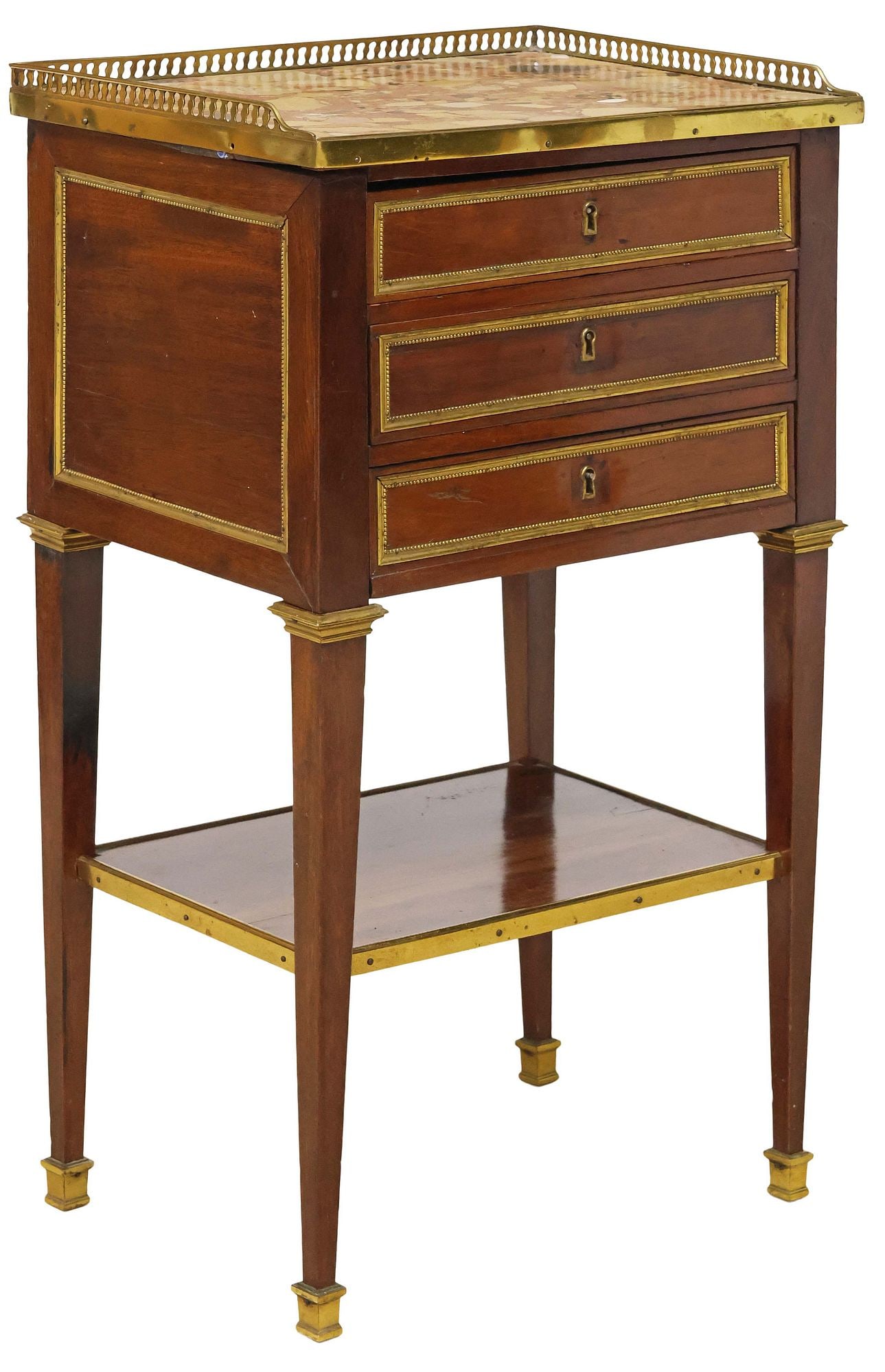 FRENCH LOUIS XVI STYLE MARBLE-TOP MAHOGANY 3-DRAWER NIGHTSTAND: French Louis XVI style mahogany nightstand, late 19th c., inset marble top with pierced gilt-metal three-quarter gallery, above three drawers and medial shelf, rising on tapering squared supports, end