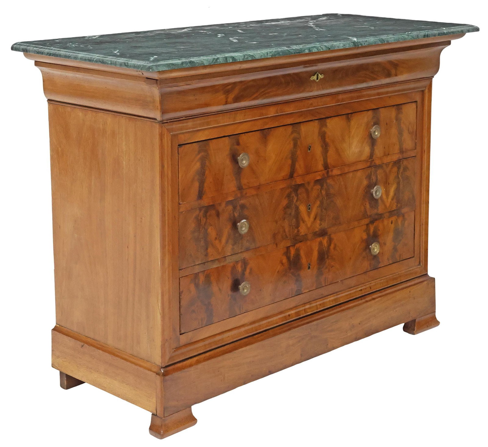 FRENCH LOUIS PHILIPPE MARBLE-TOP BURLED MAHOGANY COMMODE: French Louis Philippe period flame mahogany commode, mid 19th c., rectangular marble top, over two frieze drawers and three standard drawers, on squared feet, approx 37.5"h, 50"w, 22.25"d
