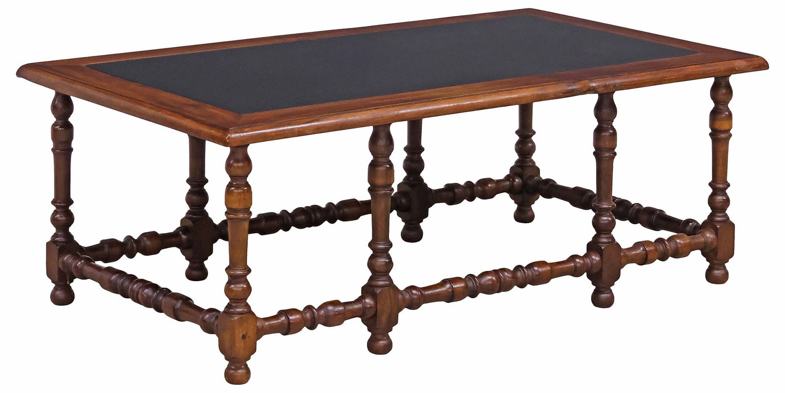 FRENCH LOUIS XIII STYLE TURNED WALNUT COFFEE TABLE: French Louis XIII style walnut coffee table, early 20th c., rectangular top with inset surface, stretcher-joined turned supports, ending on bun feet, approx 15"h, 41.5"w, 23.5"d