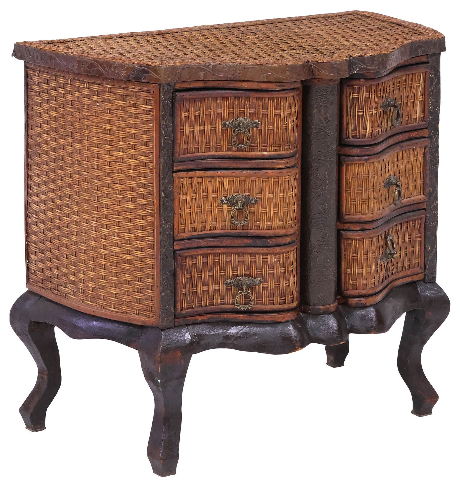 WOVEN RATTAN & EMBOSSED METAL-CLAD CHEST OF DRAWERS: Petite woven rattan commode or chest of drawers, 20th c., having scalloped top, over conforming case fitted with six drawers, flanked by embossed metal cladding, on short cabriole legs, approx 27.75"h