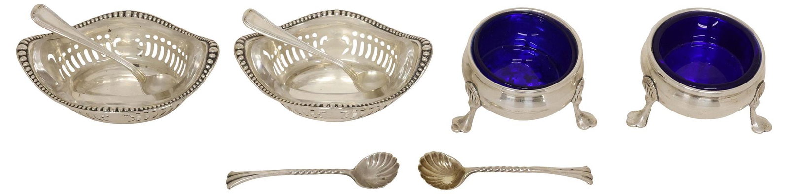 (8) STERLING SILVER INDIVIDUAL SALT CELLARS & SPOONS, GORHAM & OTHER: (lot of 8) American and English sterling silver individual salt cellars and spoons, each hallmarked sterling with maker's mark, including: (4) Gorham Manufacturing Company, (pair) cellars, each with r