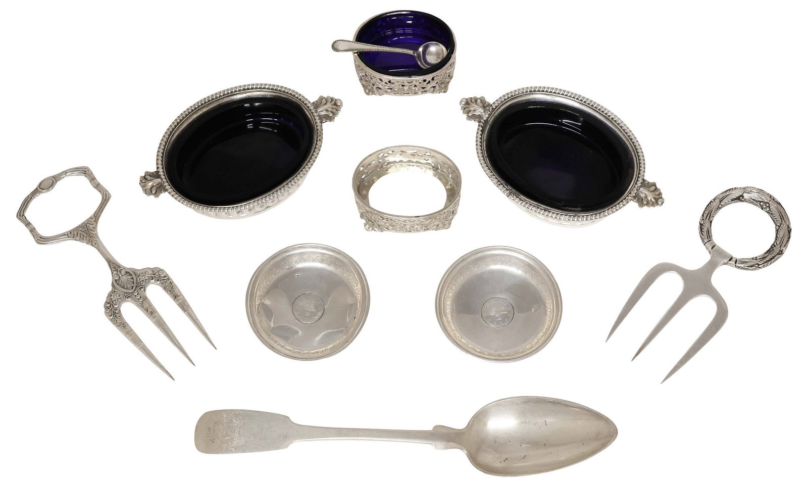 (10) COLLECTION OF SILVERPLATE & SILVER TABLEWARE, SALT CELLARS, MEAT FORKS & OTHER (1 of 9)