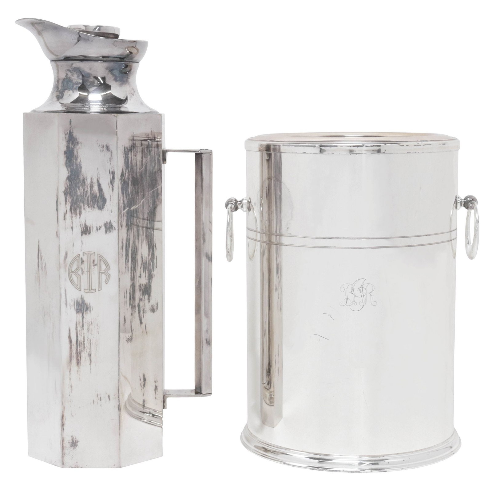(2) ITALIAN MAZZUCCONI (ATTRIB.) & GERMAN BREMER SILVERPLATE TABLEWARE: (lot of 2) Continental silverplate table articles, both monogrammed BRI, including: (1) Italian octagonal thermal jug or pitcher, attributed to Vittorio Mazzucconi, Florence, lid marked Made in Italy,