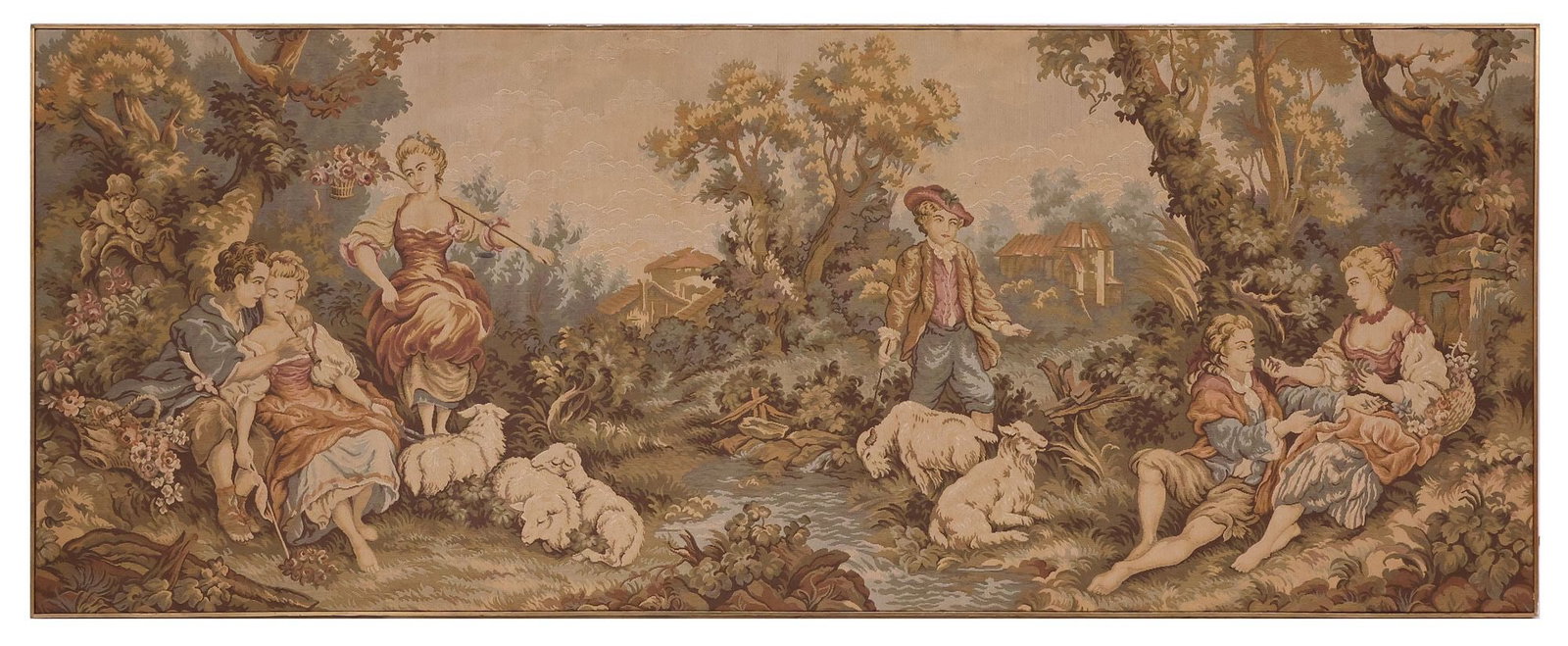 FRAMED ROCOCO STYLE TAPESTRY, COURTING COUPLES & SHEEP IN PASTORAL LANDSCAPE (1 of 3)
