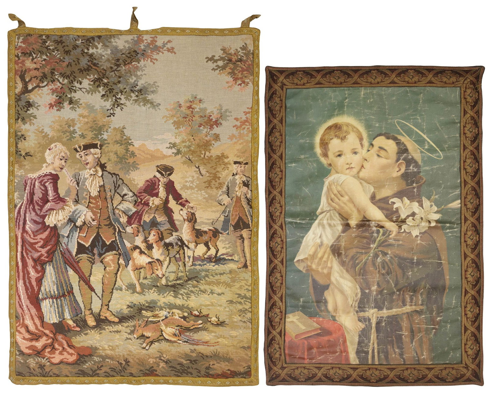 (2) CONTINENTAL WALL-HANGING TEXTILES, RELIGIOUS PAINTING & TAPESTRY: (lot of 2) Continental wall-hanging textiles, including: (1) unframed Spanish School oil on canvas painting, Saint Anthony of Padua and Christ Child, with ribbon trim, overall paint flaking, sight: ap