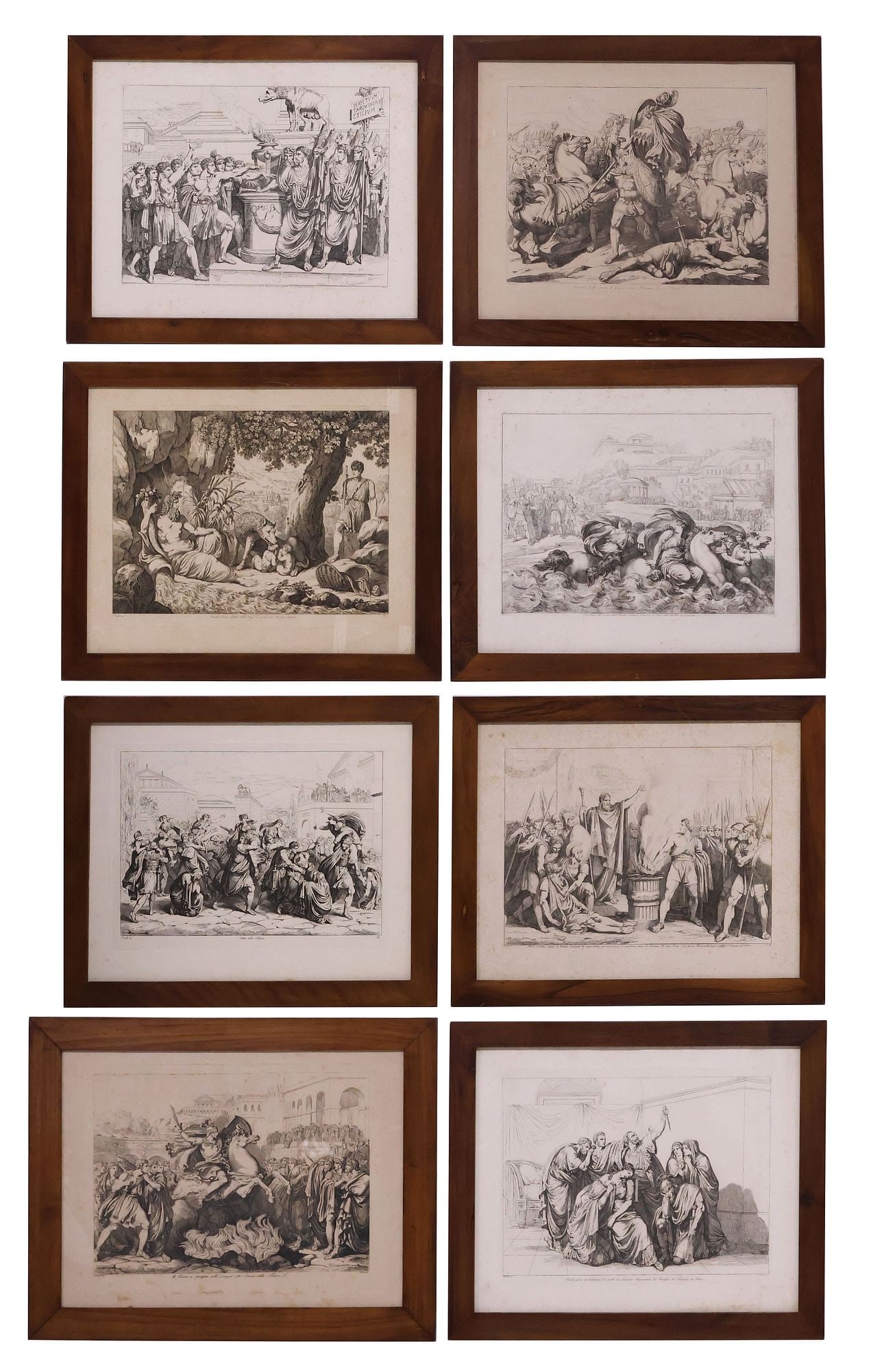 (8) AFTER BARTOLOMEO PINELLI (ITALIAN, D.1835) ENGRAVINGS, ROMAN LIFE & MYTH: (lot of 8) Framed engravings on paper, each signed in print after Bartolomeo Pinelli (Italian, 1781-1835), all with toning and foxing, slightly varied sizes, including: (7) various scenes