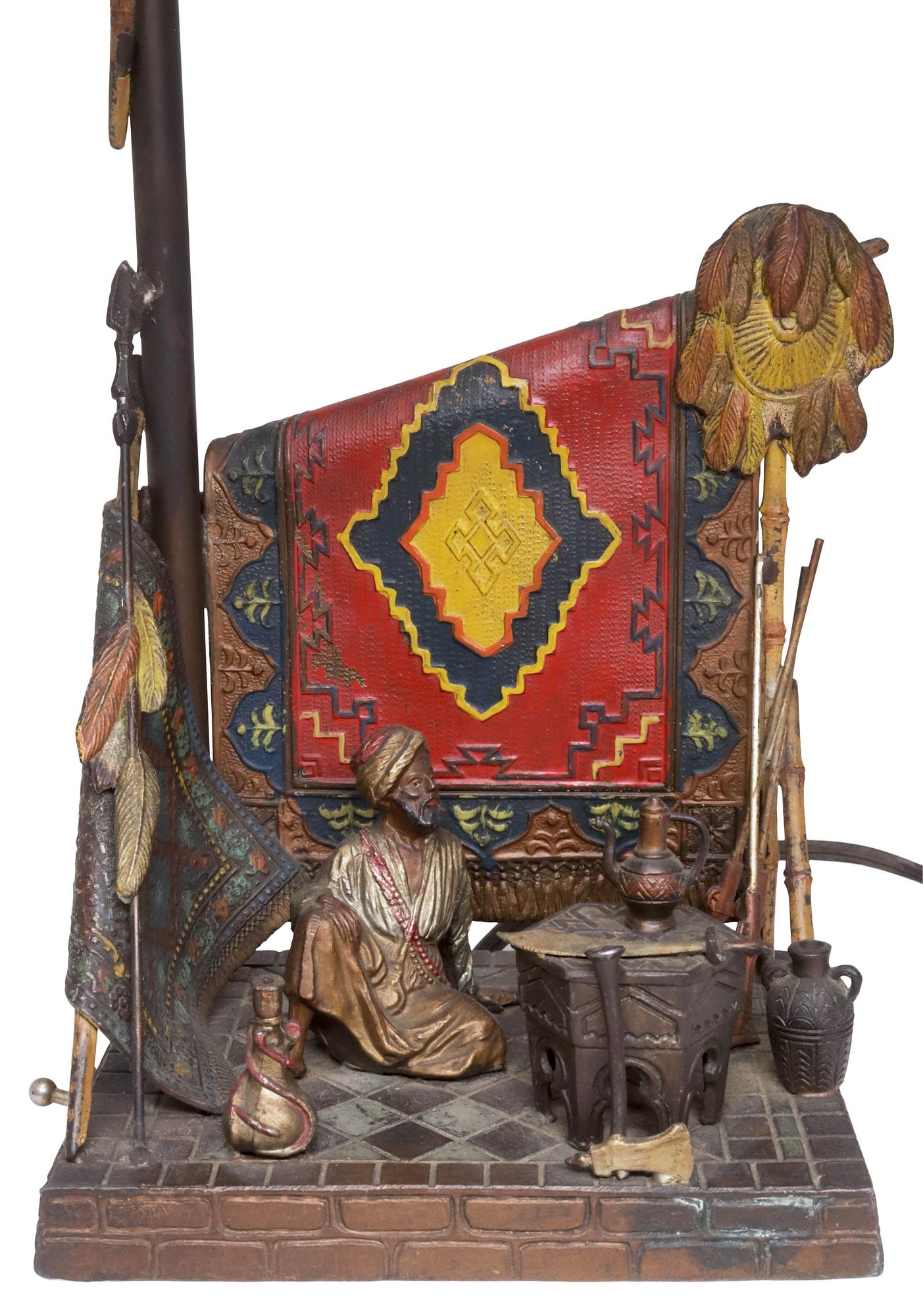MANNER OF FRANZ BERGMAN (D.1936) ORIENTALIST COLD PAINTED TABLE LAMP: Orientalist cold-painted metal table lamp, early 20th c., in the manner of Franz Bergman (Franz Xaver Bergman, Austria, 1861-1936), a single light above vignette with seated rug merchant, back marked 
