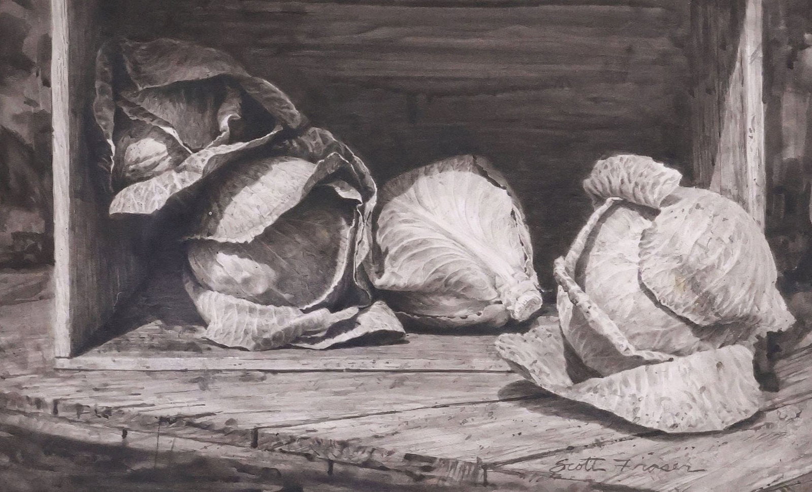 SCOTT FRASER (B.1957) PHOTOREALISTIC INK PAINTING, CABBAGES (1 of 5)
