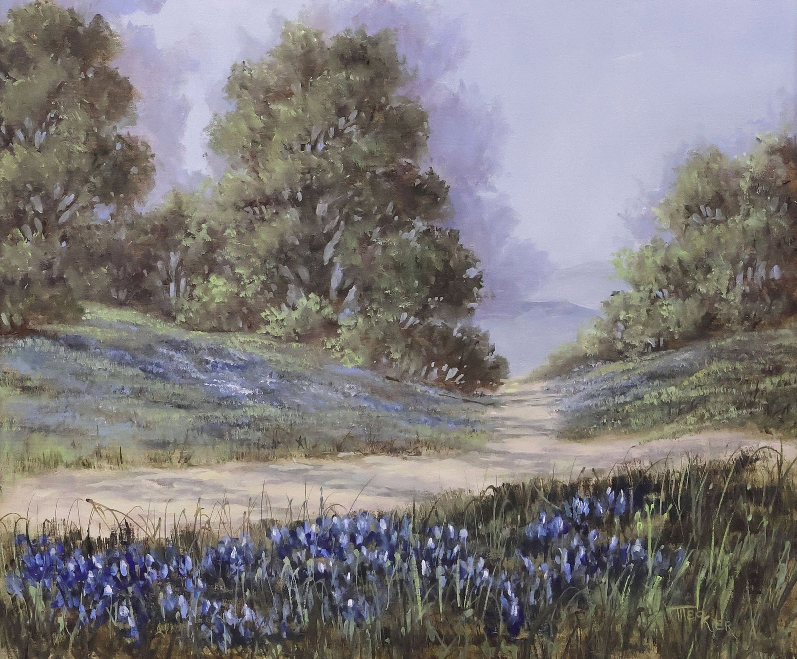 SIGNED OIL ON CANVAS PAINTING, TEXAS BLUEBONNET TRAIL: Framed oil on canvas painting, Trail with Texas Bluebonnets, signed illegibly lower right Theo Kier(?), sight: approx 19.5"h, 23.5"w, overall: approx 29.25"h, 33"w, 10lbs