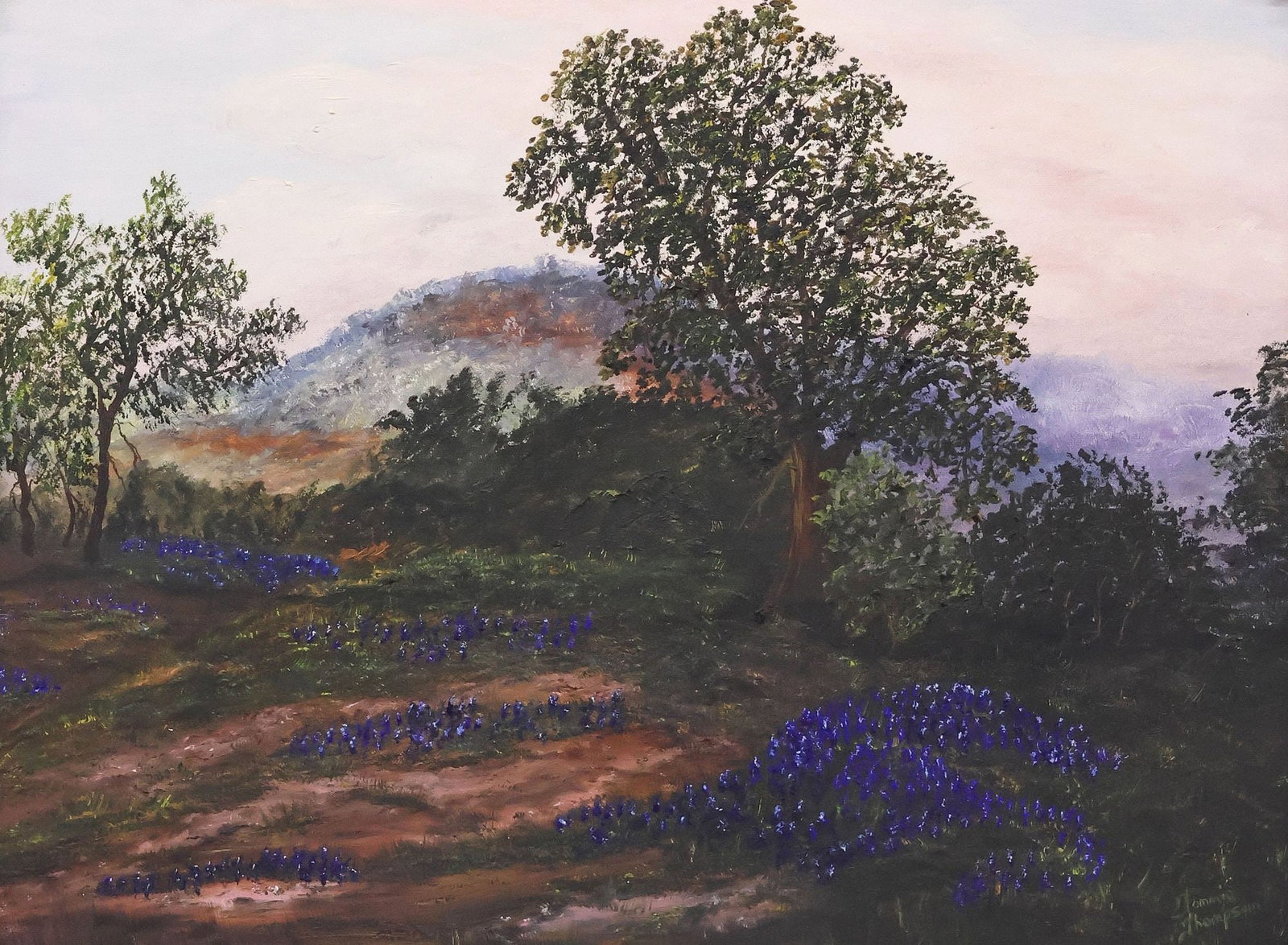 SIGNED TAMMIE THOMPSON PAINTING, TEXAS HILL COUNTRY BLUEBONNETS: Framed oil on canvas painting, Texas Hill Country Bluebonnets, signed lower right Tammie Thompson (20th c.), sight: approx 17.5"h, 23.5"w, overall: approx 24"h, 30"w, 10lbs