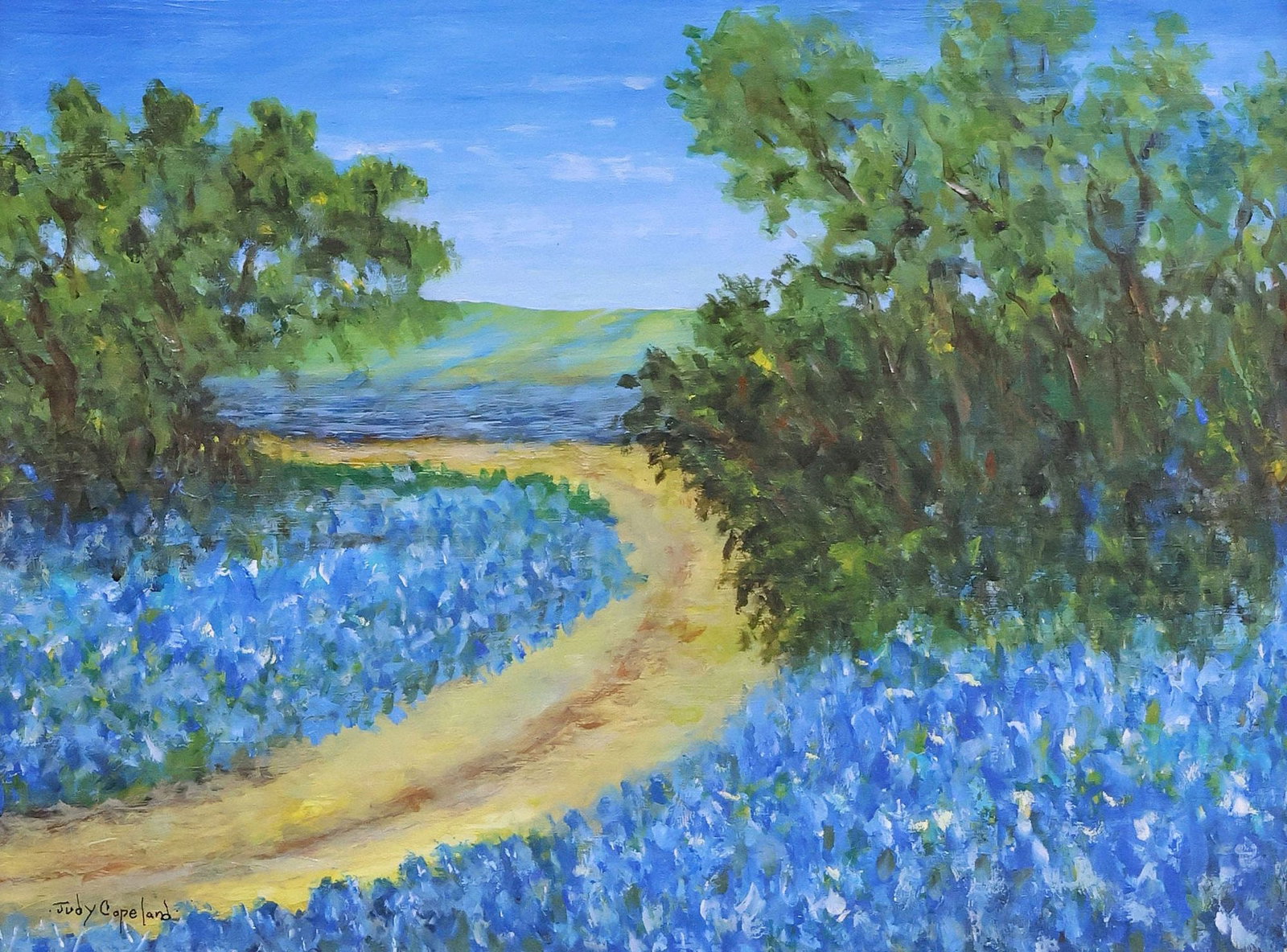 JUDY COPELAND (B.1943) ACRYLIC PAINTING, 'BLUEBONNET ROAD': Framed acrylic on board painting, "Bluebonnet Road," signed lower left Judy Copeland (Louisiana, Texas, b.1943), dated March 2022, titled on artist's label verso, sight: approx 11.25"h, 15.25"w, overa