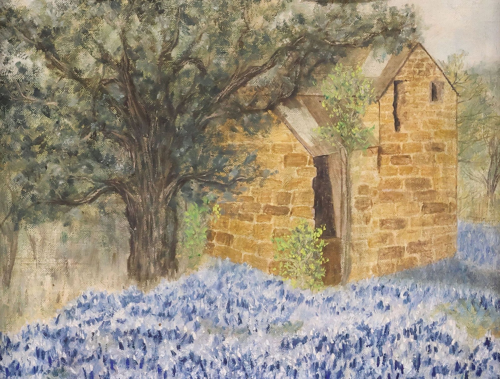 OIL ON CANVAS PAINTING, TEXAS BLUEBONNETS LANDSCAPE WITH CABIN: Framed oil on canvas painting, Texas Hill Country Landscape with Bluebonnets and Brick House, apparently unsigned, light overall warping to canvas, sight: approx 9.5"h, 12"w, overall: approx 14.25"h,