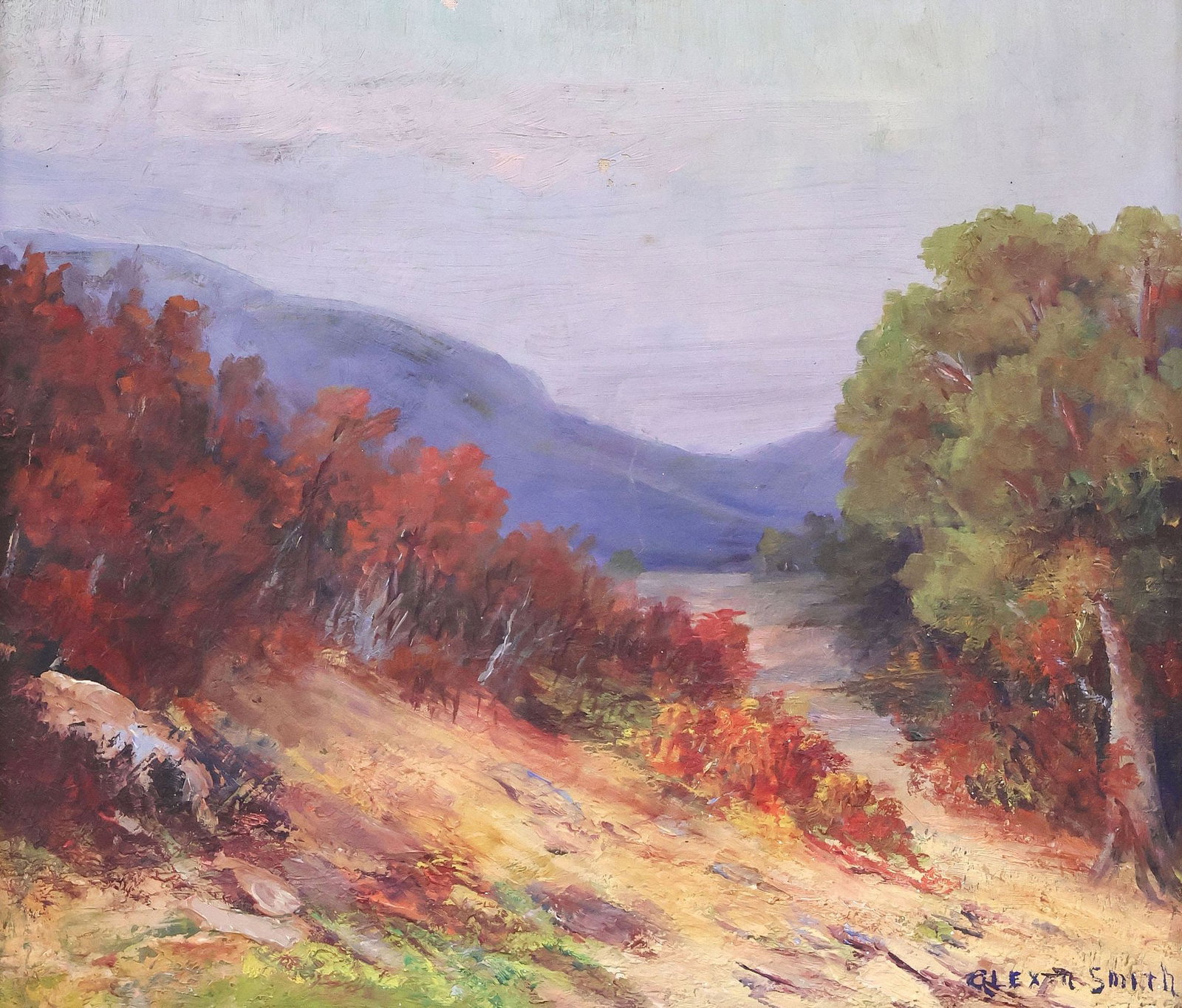 ALEXA SMITH (TEXAS, 1869-1943) PAINTING, TEXAS HILL COUNTRY FALL LANDSCAPE: Framed oil on canvas painting, Texas Hill Country Fall, signed lower right Alexa Smith (active: San Antonio, Texas, 1869-1943), several small paint flakes to central upper quadrant, sight: approx 13.5