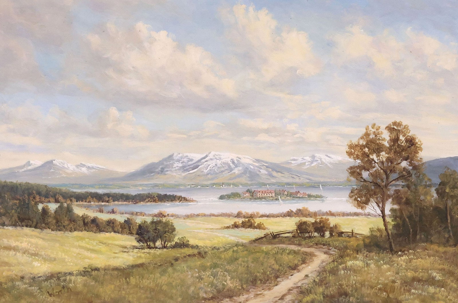 SIGNED E. WORTH (20TH C.) OIL PAINTING, COASTAL LANDSCAPE: Framed oil on canvas painting, Coastal Landscape, signed lower left Worth (E. Worth, 20th c.), artist biographical information label verso, sight: approx 23.5"h, 35.5"w, overall: approx 31.5"h, 44"w, 