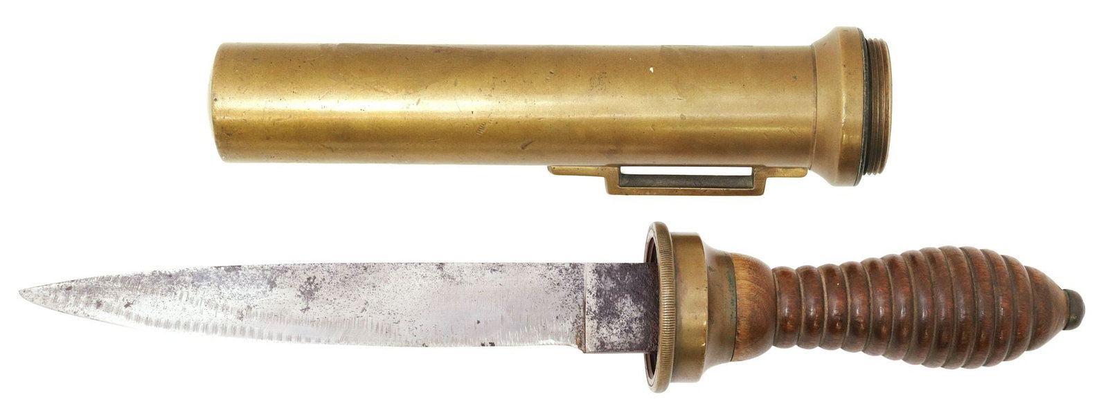 WWII ERA DEEP SEA DIVER BRASS SCABBARD KNIFE: WWII Era brass and steel deep sea diver's knife, wood grip with split, brass ferrule and pinned tang, a plain drop point blade threads into the cylindrical brass scabbard with integral end and
