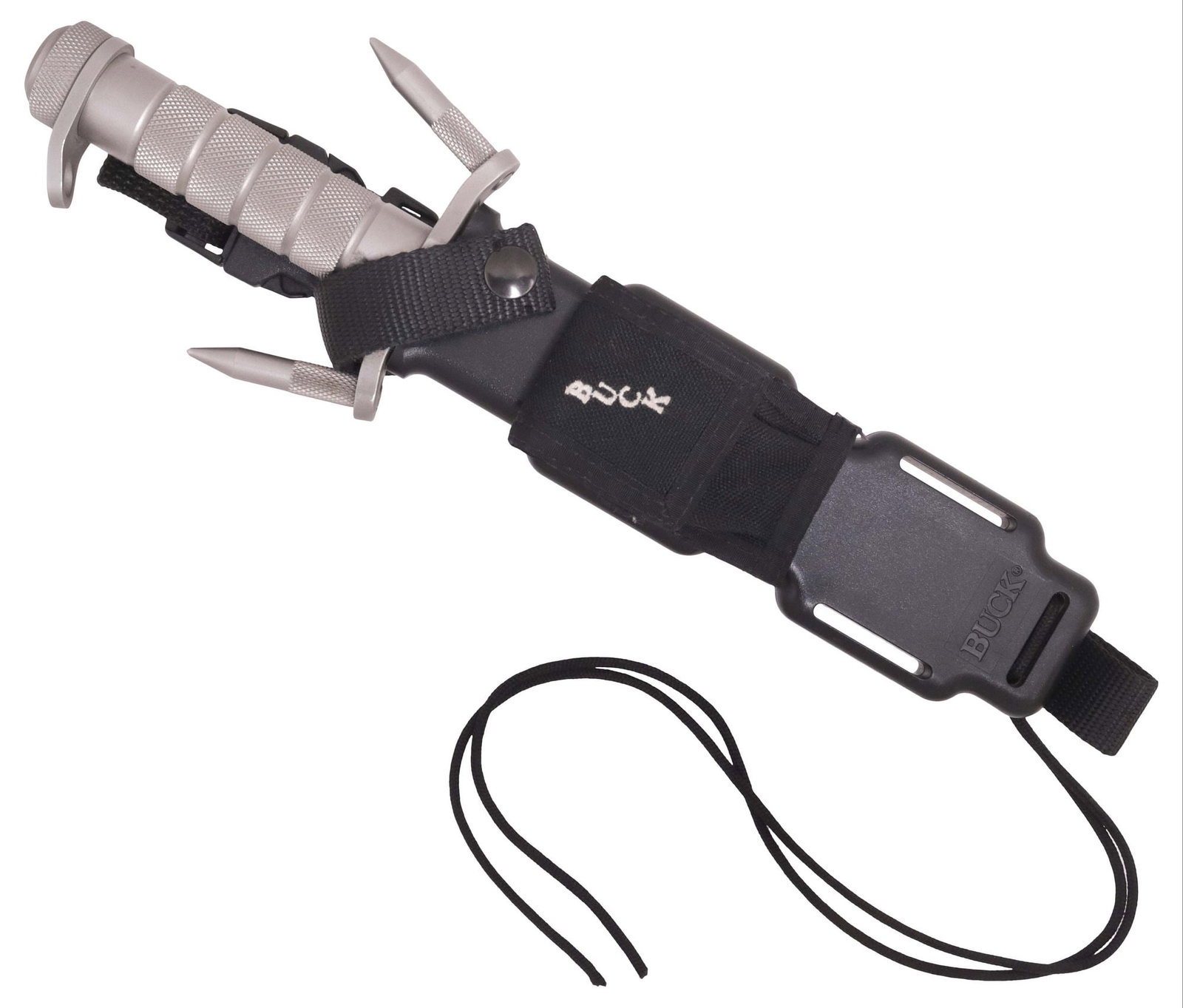 SCARCE BUCKMASTER 184 SURVIVAL KNIFE & SHEATH: BuckMaster Model 184, Buck Knives 1980s, stainless steel, the 7.5" clip point blade with saw and serrated spine, marked at one ricasso "Buck 184 U.S.A. Pat Pend", the guard with two removable grapplin