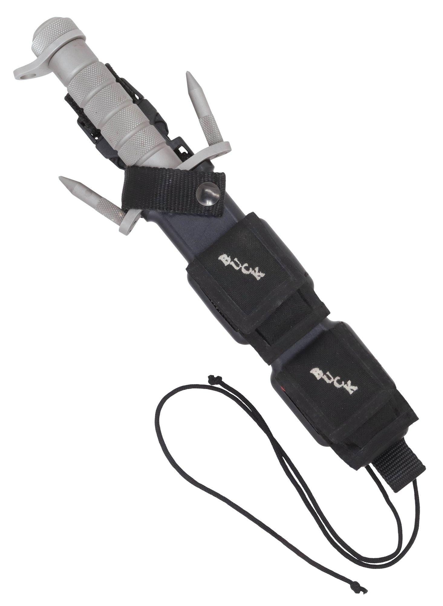 SCARCE BUCKMASTER 184 SURVIVAL KNIFE & SHEATH: BuckMaster Model 184, Buck Knives 1980s, stainless steel, the 7.5" clip point blade with saw and serrated spine, marked at one ricasso "Buck 184 U.S.A. Pat Pend", the guard with two removable grapplin