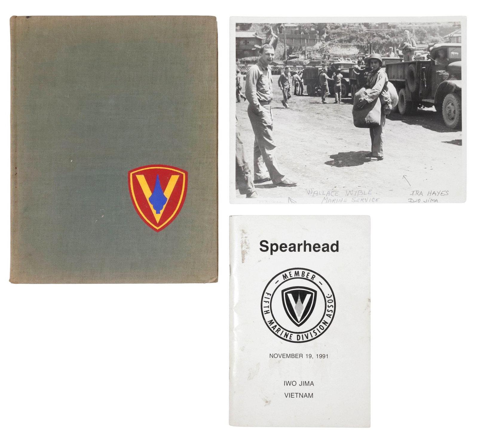 (4) WWII IWO JIMA & IRA HAYES RELATED ITEMS: (lot of 4) U.S. Marines WWII : (1) Unframed 8" x 10" candid photograph taken in Sasebo, Kyushu Island, Japan, between Sept. 22, 1945-Oct. 25, 1945, showing at left nineteen year old Pvt. Wallace Reid