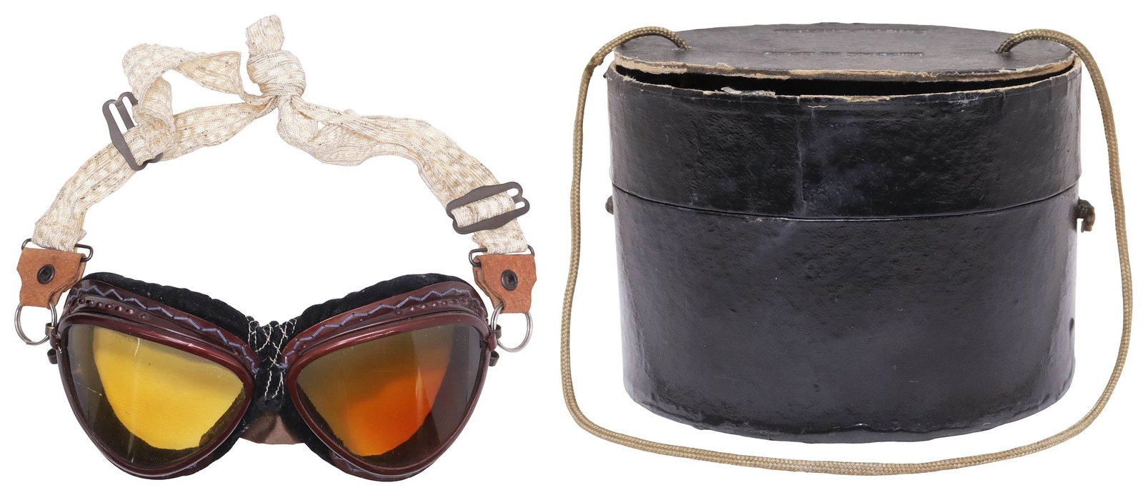 JAPANESE WWII-ERA PILOTS GOGGLES & ORIGINAL BOX: Japanese post WWII era pilots flight goggles, bearing the logo mark of Mitsubishi, maroon frame, black velveteen face cushion, later hand sewn on nose cloth, patterned white silk like headband,