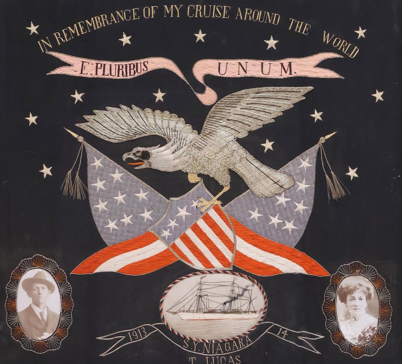 JAPANESE EXPORT COMMEMORATIVE CRUISE SHIP EMBROIDERY PANEL, AMERICAN EAGLE: Framed Japanese export silk embroidery panel, commemorating a voyage on the RMS Niagara ocean liner, inscribed "In remembrance of my cruise around the world, S.Y. Niagara, 1913-14, T. Lucas," with cou