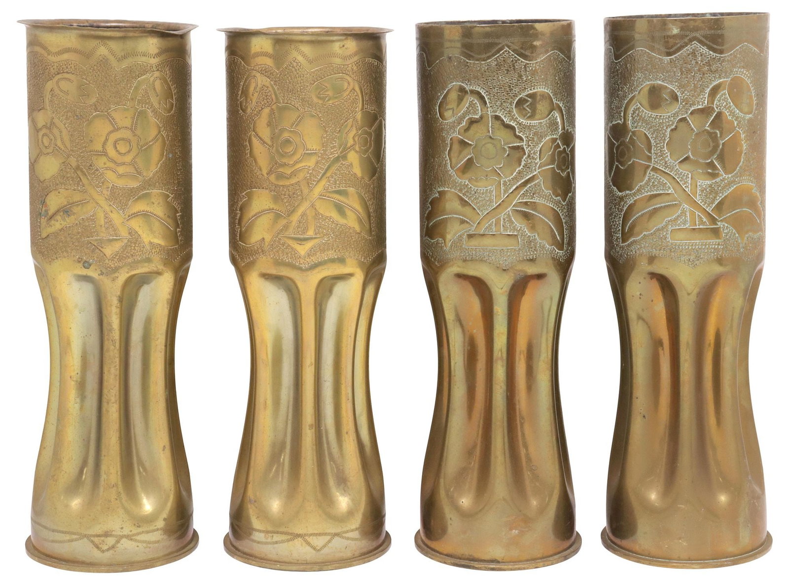 (4) ENGLISH WWII-ERA TRENCH ART ARTILLERY SHELL VASES: (lot of 4) English WWII-era trench art vases, fashioned from artillery shells, in two pairs, each inscribed "1945," with repousse floral motifs, rising on waisted stem, slightly varied
