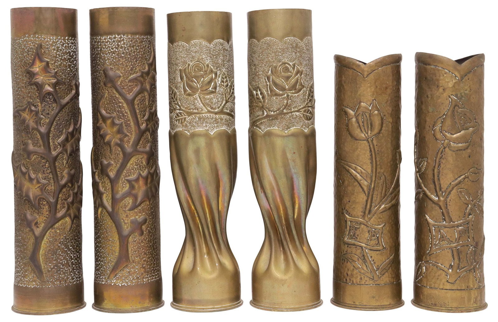 (6) FRENCH WWI-ERA TRENCH ART ARTILLERY SHELL VASES: (lot of 6) French WWI-era trench art vases, fashioned from artillery shells, including: (pair) having repousse thistles on textured ground, (pair) with raised rose blossoms, on waisted stem, (pair)