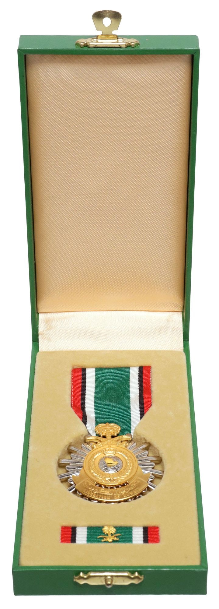 DESERT STORM KUWAIT LIBERATION MEDAL, SAUDI ARABIA: Saudi Arabia Kuwait Liberation Medal and Ribbon in original presentation box awarded for participation in Operation Desert Storm, Kuwait, January 17-February 28, 1991, a presentation by the Kingdom