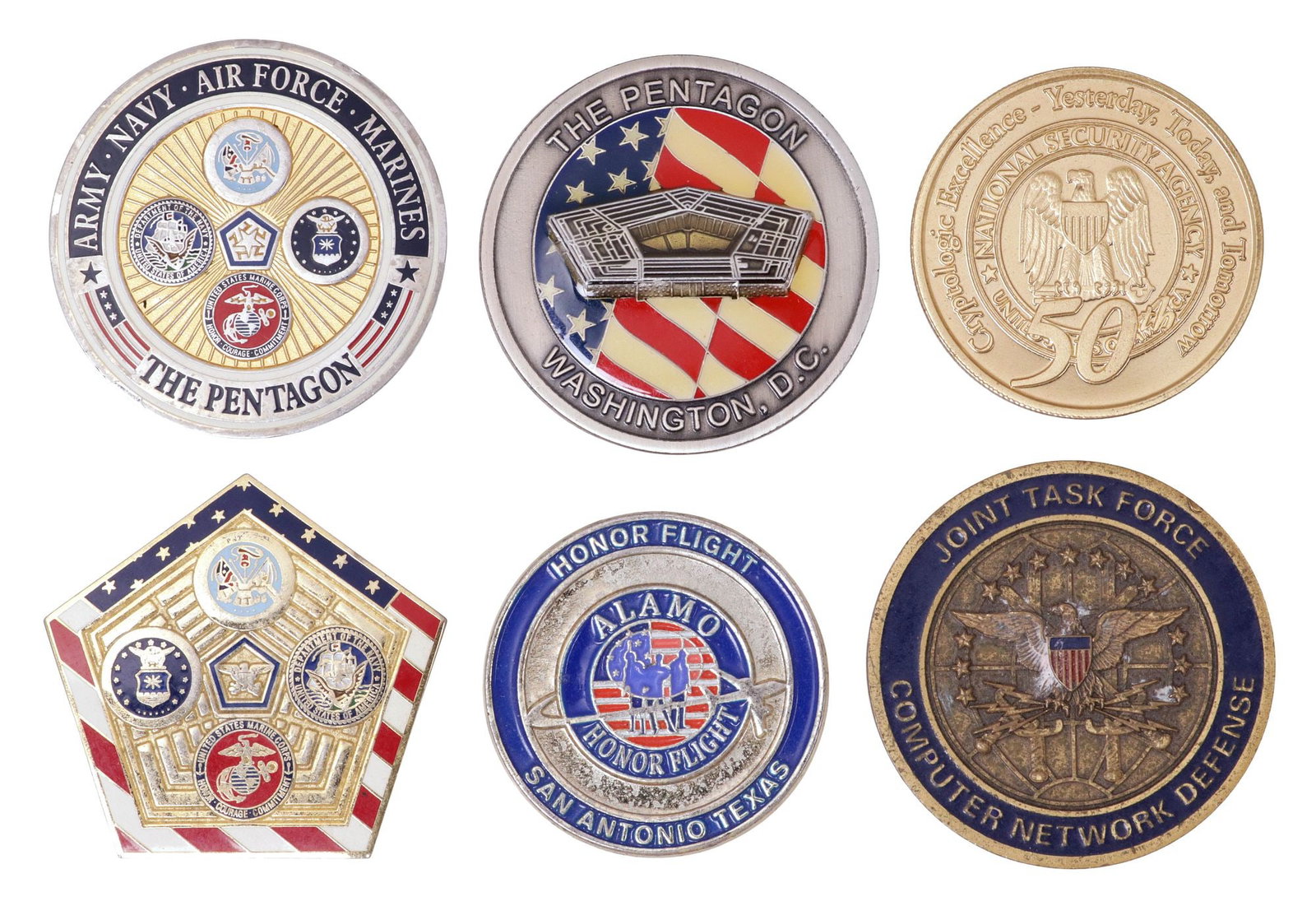 (6) MILITARY CHALLENGE COINS, DEFENSE, HONOR FLIGHT, NSA, PENTAGON: (lot of 6) Challenge Military coins: (1) Department of Defense, pentagon shape; (1) Department of Defense, circular, honors Army, Navy, Air Force, Marines,; (1) Alamo Honor Flight, San Antonio,