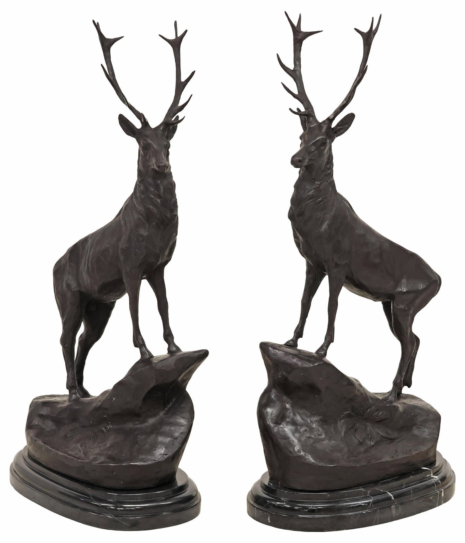 (2) AFTER JULES MOIGNIEZ PATINATED BRONZE STAGS: (pair) Large patinated bronze sculptures, signed in cast after Jules Moigniez (French, 1835-1894), depicting stag standing over naturalistic rocky outcrop, on stepped marble plinth, approx 29"h, 15"w,
