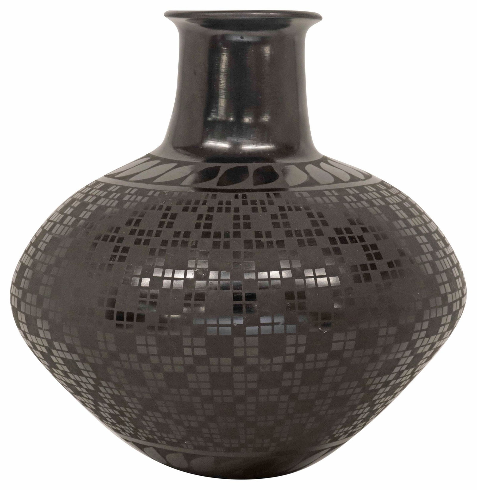 HILARIO QUEZADA MATA ORTIZ BLACKWARE POTTERY JAR: Mata Ortiz blackware pottery vase, Mexico, signed underfoot Hilario Quezada (20th c.), with etched geometric and foliate designs, approx 8.25"h, 8"diam, 2lbs