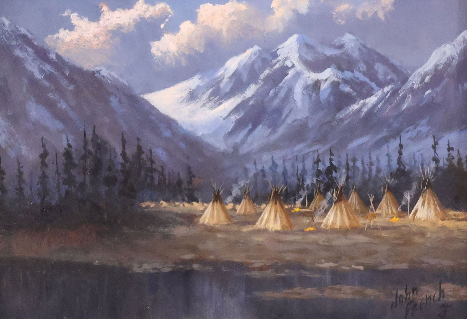 JOHN FRENCH (TEXAS, B.1936) PAINTING, TEEPEES IN WESTERN LANDSCAPE: Framed oil on panel painting, Teepees in the Western Valley, signed lower right John French (Texas, b.1936), printed artist's biography adhered verso, sight: approx 4.5"h, 6.5"w, overall: approx 10