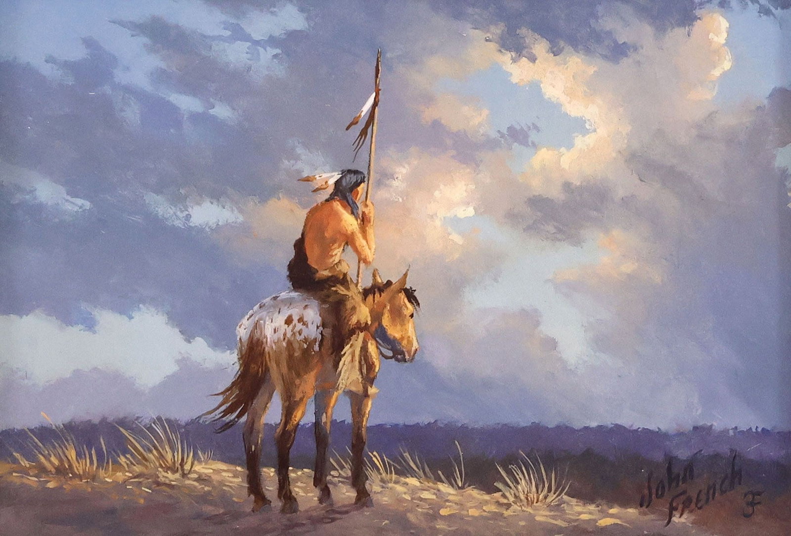 JOHN FRENCH (TEXAS, B.1936) PAINTING, NATIVE AMERICAN RIDER ON FRONTIER: Framed oil on panel painting, Native American Rider on the Frontier, signed lower right John French (Texas, b.1936), printed artist's biography adhered verso, sight: approx 4.5"h, 6.5"w, overall: