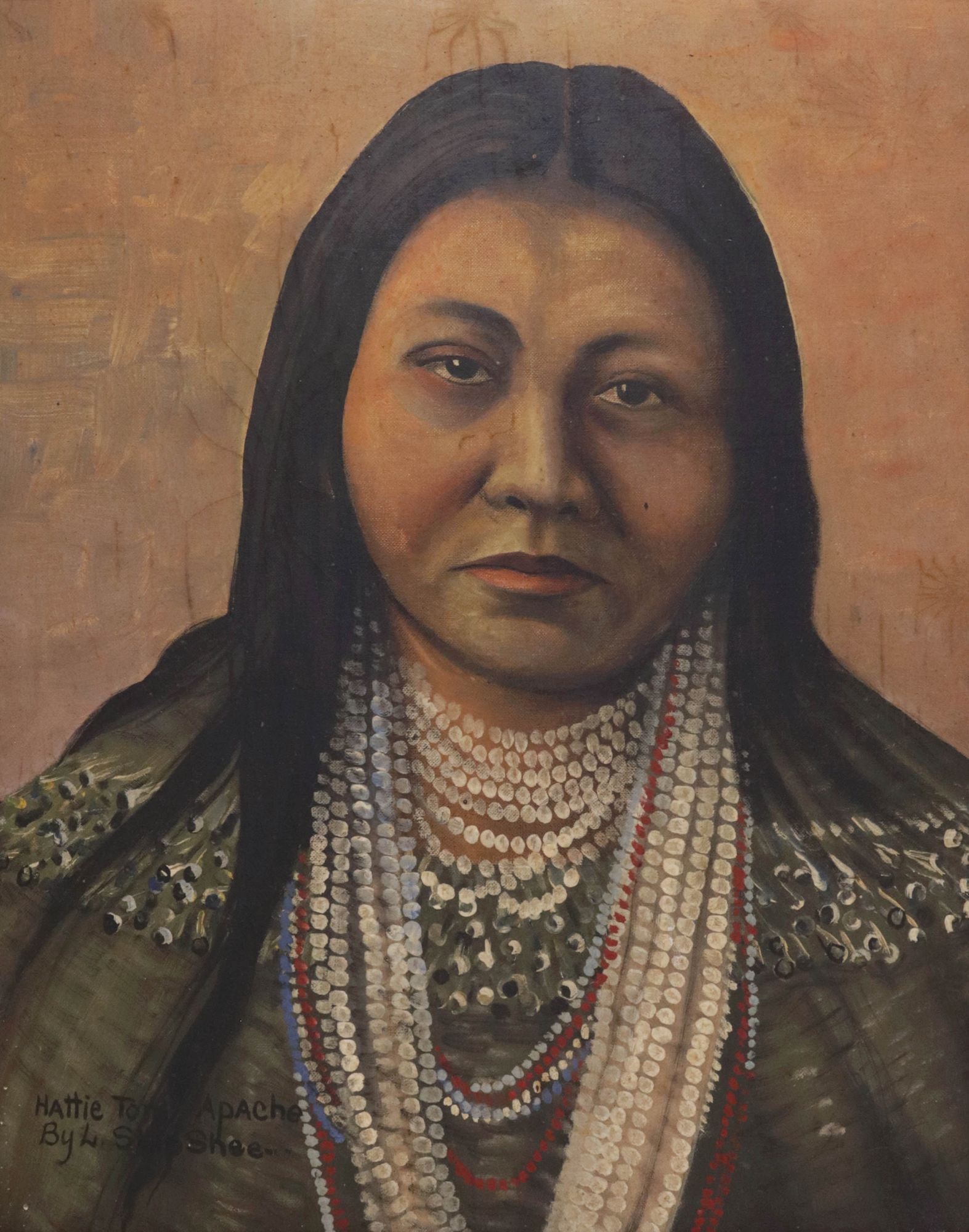 LOUIS SHIPSHEE (D.1975) PORTRAIT OF APACHE HATTIE TOM: Framed oil on canvas-lined board painting, "Hattie Tom, Apache," signed lower left L. ShipShee (Louis ShipShee, Potawatomi, 1896-1975), sight: approx 19 5/8"h, 15 5/8"w, overall: